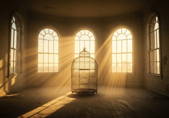Sunbeams illuminate empty birdcage in derelict building (1)