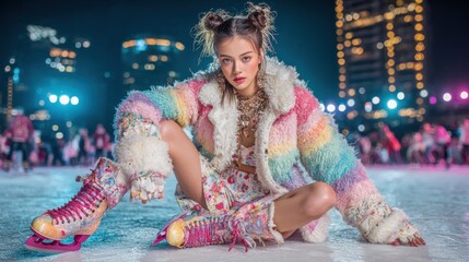 Modern sports fashion model ice skating dynamically at night