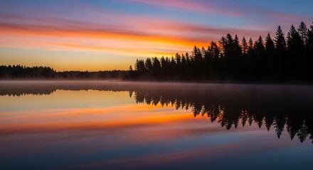 Fototapeta premium Serene Sunset Reflections Over Calm Lake with Forest Silhouette