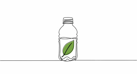 Single line drawing of plastic bottle with leaf inside.  Simple illustration of eco friendly bottled water.  Concept image for detox products and healthy lifestyle.