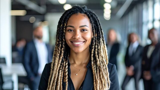 A smiling Black woman with dreadlocks in a business setting. Colleagues are blurred in the background, suggesting a team environment