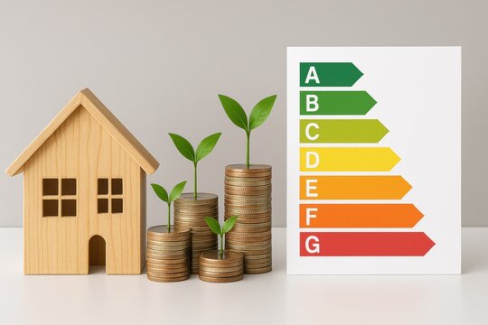 Energy audit home. House model with coins and green plants, illustrating investment and energy efficiency.