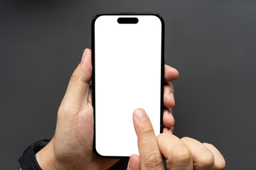 Hand Touching Smartphone with Blank White Screen on Dark Background. finger touching the display, isolated against a dark background. Ideal for app mockups, UI presentations, and technology concepts.
