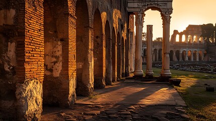 Golden light bathes ancient Roman Forum with brick arches marble columns for timeless beauty architectural grandeur travel editorials historical publications concept