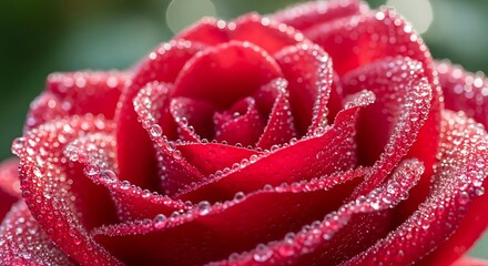 Sparkling Morning Dew Drops on Red Rose Petals