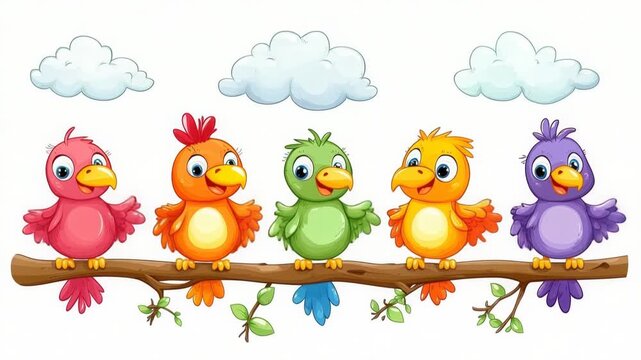 Five Colorful Cartoon Birds Perched on a Branch with Clouds
