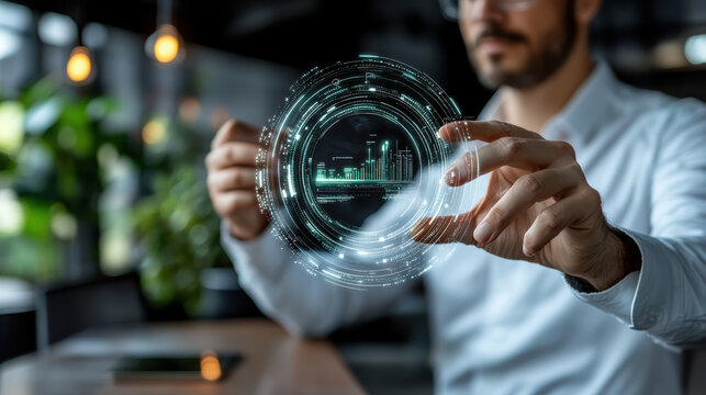 Digital interface holographic display business analytics modern technology data visualization