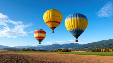 Colorful hot air balloons soaring over scenic fields and mountains create vibrant landscape