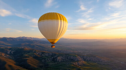 Obraz premium Vibrant hot air balloon floats gracefully evening sky, surrounded by stunning mountain