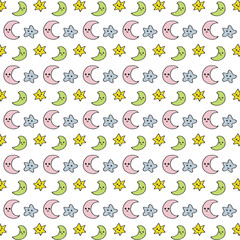 Cute Hand-Drawn Pastel Star and Moon Seamless Pattern. Abstract Geometric Doodle Design