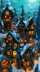 Snowy, illuminated village nestled in a mountainside.  Cozy, detailed houses with warm lighting.  Stars and moon in a night sky background