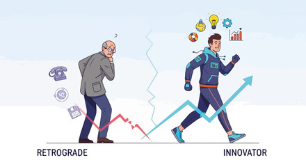 Fototapeta premium From retrograde to innovator, showing transition, from old to new technology. Showing a retrograde man with an old telephone,