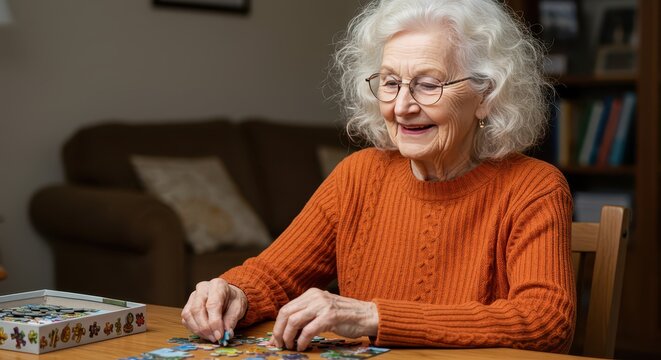 Solitary Puzzle Moment: An elderly woman engrossed in a jigsaw puzzle, focusing intently with a sense of quiet concentration.