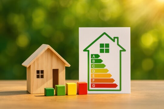 Energy audit home. A miniature house next to an energy efficiency rating chart with colored blocks.