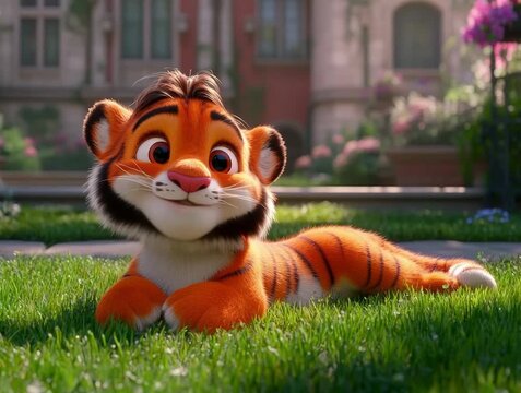 Playful Animated Tiger Cub Relaxing on a Lush Green Lawn