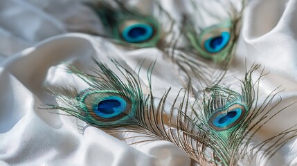 Obraz premium Peacock feathers scattered elegantly on white silk cloth with bright lighting and high detail