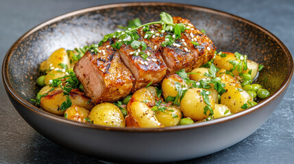 Fototapeta premium Delicious smoked pork collar served with roasted potatoes and fresh herbs, creating savory dish
