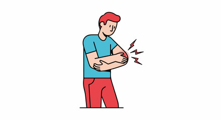 Elbow pain displayed through a cartoon man suffering from elbow pain, showcasing inflammation and discomfort. Elbow pain visualized through a male figure showing strain, joint issue,