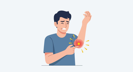 Person with elbow pain, illustration of acute elbow pain and discomfort, feeling sore. Elbow pain and inflammation are noticeable in this painful depiction. Showcase elbow pain for medical brochures.
