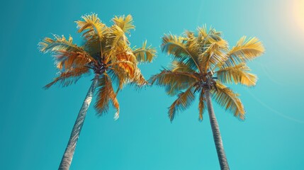 Obraz premium a group of palm trees under the sun, View of palm trees from below against a clear blue sky, depicting tropical landscapes and vacation vibes