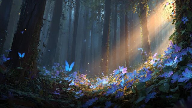 Serene, enchanting magical forest with glowing blue butterfly and purple flowers in sunbeam