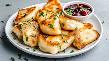 Obraz premium Delicious potato dumplings served with lingonberry sauce, garnished with fresh herbs