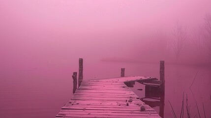 A weathered wooden pier extends into a misty, pink-toned landscape