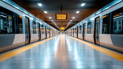 Fototapeta premium Nearly empty metro station with dim lighting and sleek train cars creates serene atmosphere