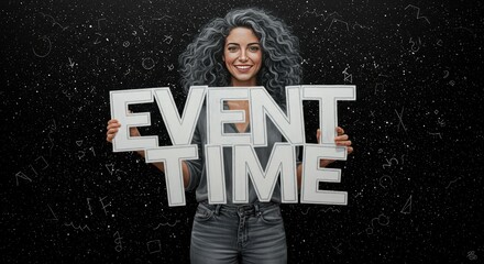 Excitement of Event Time: A stylish individual showcases a message of EVENT TIME with enthusiasm, embodying the anticipation and significance of an upcoming event in this striking composition.