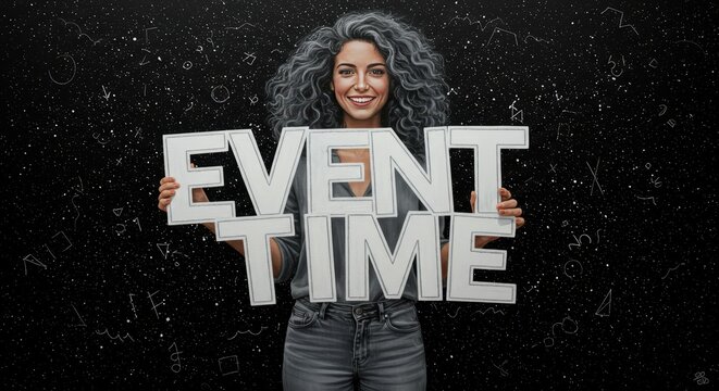 Excitement of Event Time: A stylish individual showcases a message of EVENT TIME with enthusiasm, embodying the anticipation and significance of an upcoming event in this striking composition.