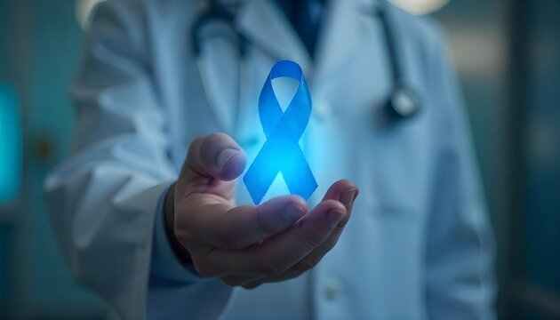 A doctor with a blue ribbon in hand, advocating for Movember and awareness of men's mental health and cancer issues