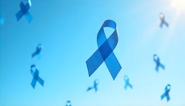 A collection of blue awareness ribbons floats in the air, symbolizing Movember and men's mental health awareness