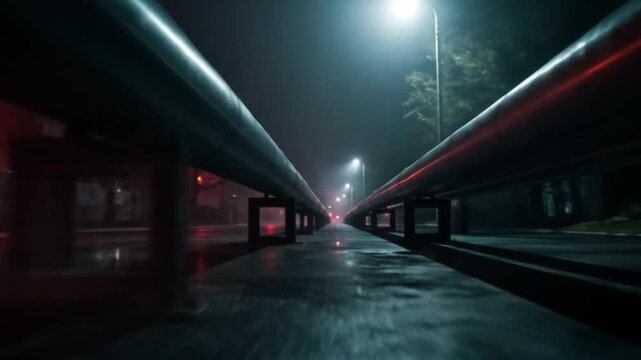 Low angle view of two parallel pipes under streetlights at night with foggy atmosphere and wet ground