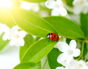 Obraz premium Ladybug on vibrant green leaves amongst white flowers. Sunny spring day