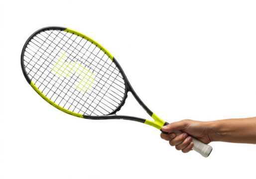 Close-up of a hand holding tennis racket isolated on white background, sports equipment concept symbolizing athletic activity, training, competition, exercise, fitness, leisure, and professional tenni