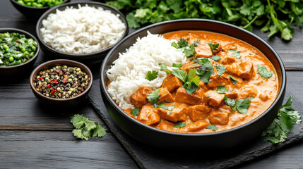 Delicious curry with rice garnished with fresh herbs and spices