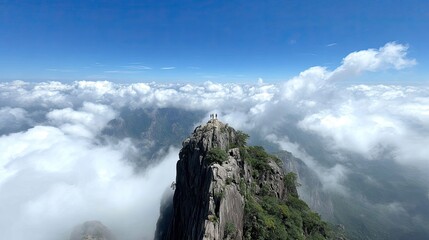 High mountain peak, shrouded in clouds.  Two figures stand atop a jagged summit.  Vast expanse of clouds blankets lower peaks.  Clear blue sky above