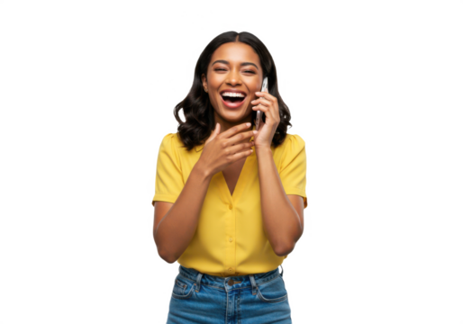 Smiling young woman talking on phone and laughing, isolated on clean white background, cheerful female portrait symbolizing communication, happiness, lifestyle, technology use, joy, connection, and mo