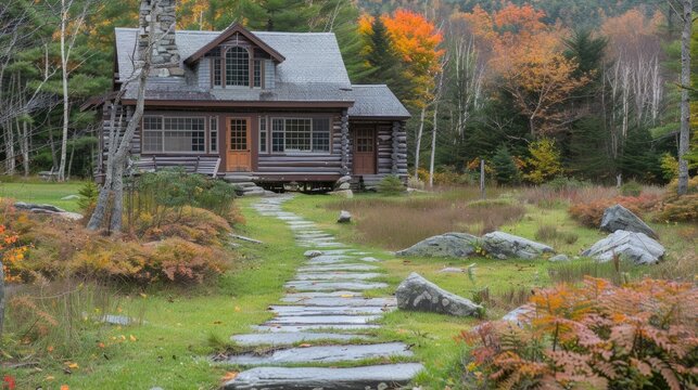 Rustic log cabin nestled in autumnal woods.  A stone path winds toward a quaint, wooden home, surrounded by colorful fall foliage.  Gentle light and soft focus creates a serene ambiance