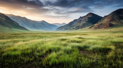 Fototapeta premium Lush meadow stretches beneath a mountain range at dawn.