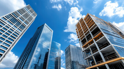 Modern skyscrapers, construction site, blue sky, urban landscape, glass buildings