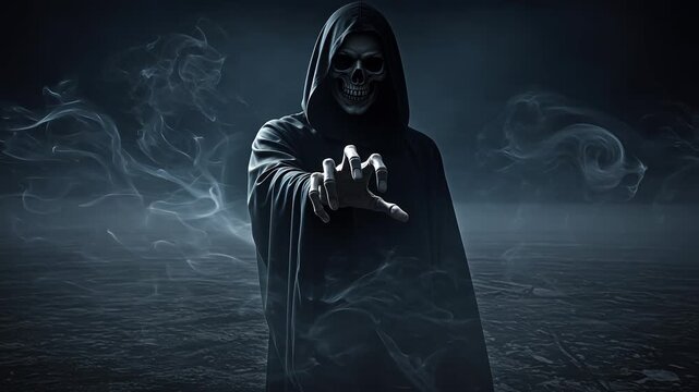 The Grim Reaper: A Terrifying Figure of Death Reaching from a Smoky Abyss