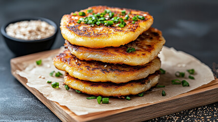 Golden potato pancakes stacked on wooden board, garnished with green onions and sesame seeds
