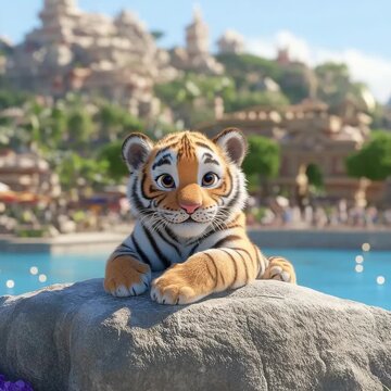 Adorable Animated Tiger Cub Posing on a Rock with a Scenic Background