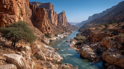 Arid Canyon Landscape with a Narrow River: Desolate Beauty and Natural Serenity in a Dry Terrain.