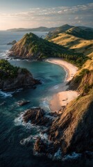 Coastal landscape, dramatic cliffs, turquoise bay, golden sand