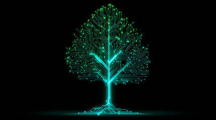 Digital Tree with Circuit Board Design and Illuminated Nodes on a Dark Background