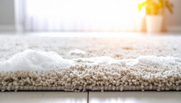 Beige Shag Carpet with Foam on Tile Floor