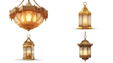 Collection of intricately designed, golden, glowing lanterns, hanging and standing, on white background