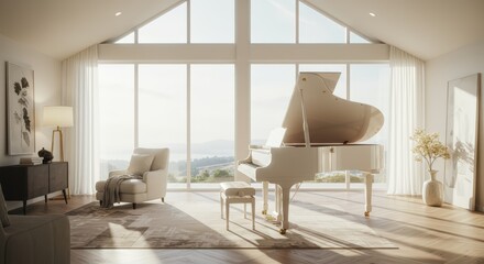 The elegant silhouette of a white grand piano in a luxurious, sunlit room with high ceilings and large windows.